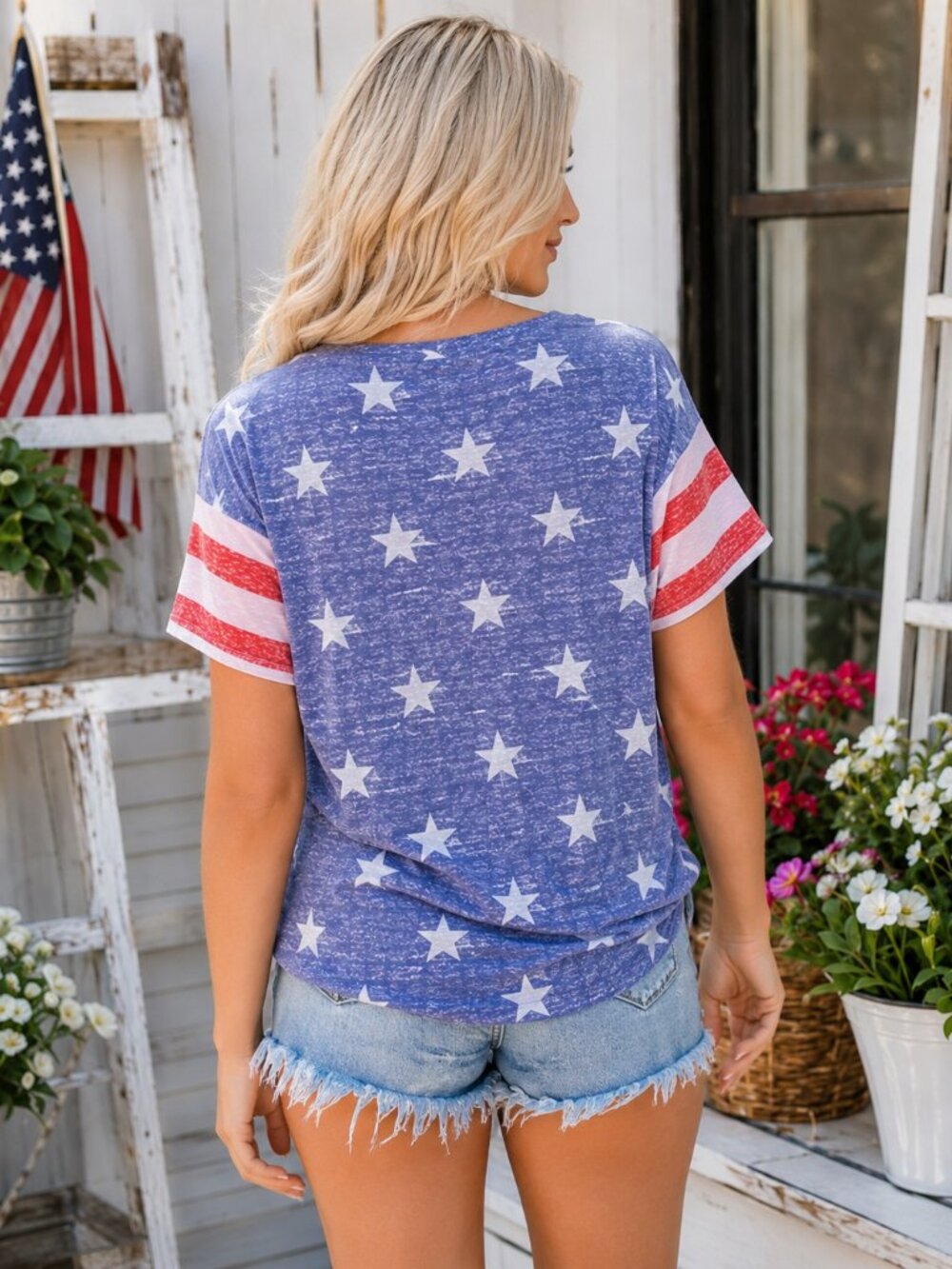 Patriotic Star Print Striped Sleeve V Neck Tee Medium - Picture 3 of 5